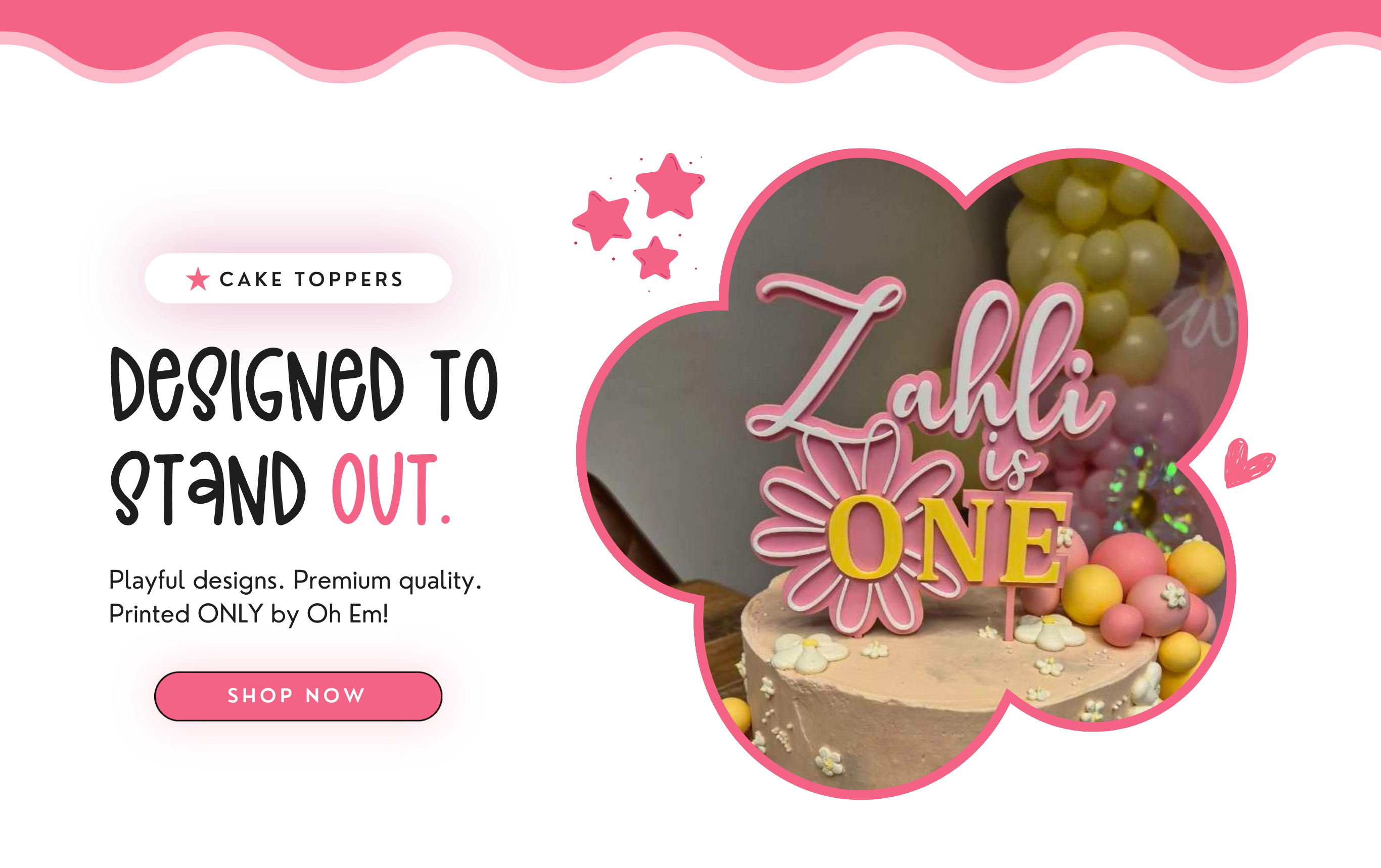 Cake topper with 'Zahli is ONE' on a cake, surrounded by fruits and berries, with promotional text and branding.
